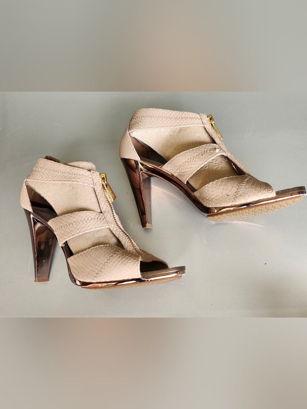 Michael Kors Beige Open-Toe High Heels with Metallic Gold Heels